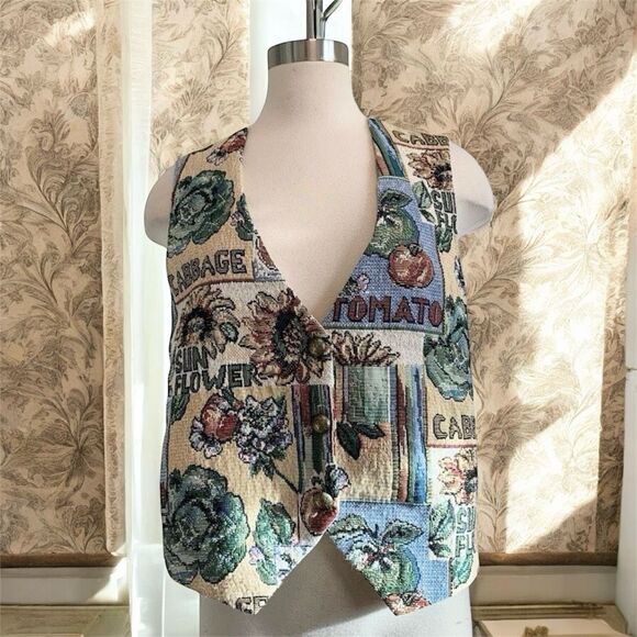 Vintage Jackets & Blazers - Vintage 1990s Fritzi Garden Novelty Vest Tapestry  Embroidered Large